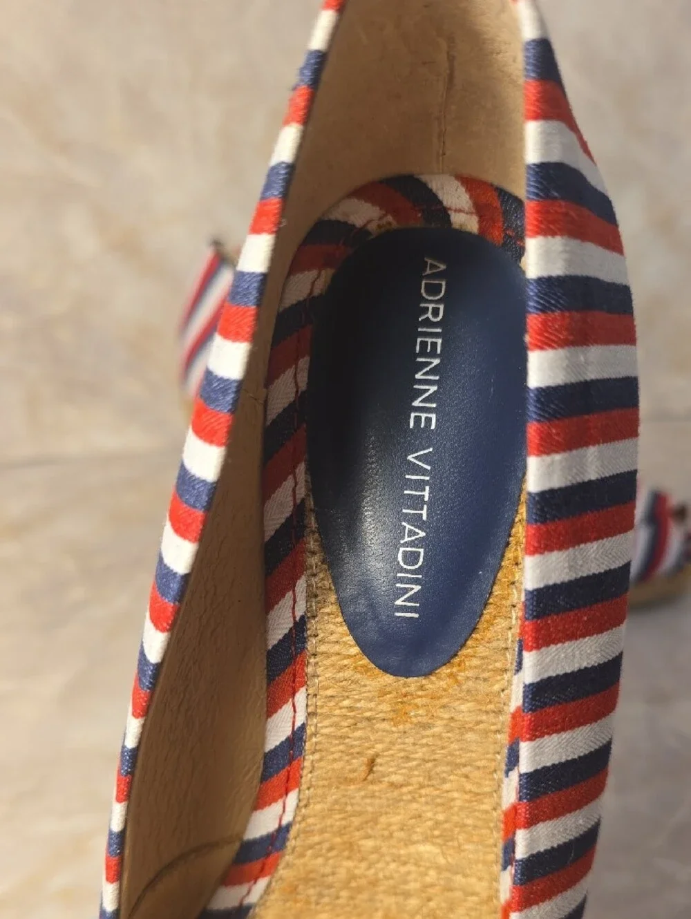 Adrienne Vittadini Red White Blue Striped Espadrille Wedge Sz 7